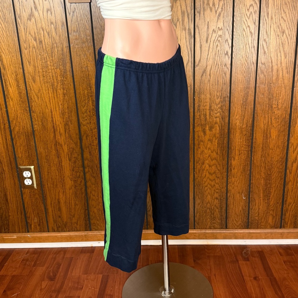 Vision Capri Pants Womens Medium Navy Blue Neon Green Stripe Y2K Sporty Cotton